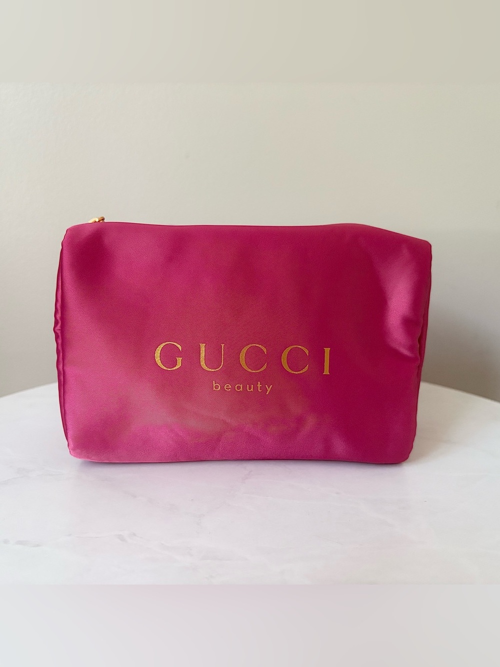 Gucci Pink Satin Beauty Pouch with Gold Logo
